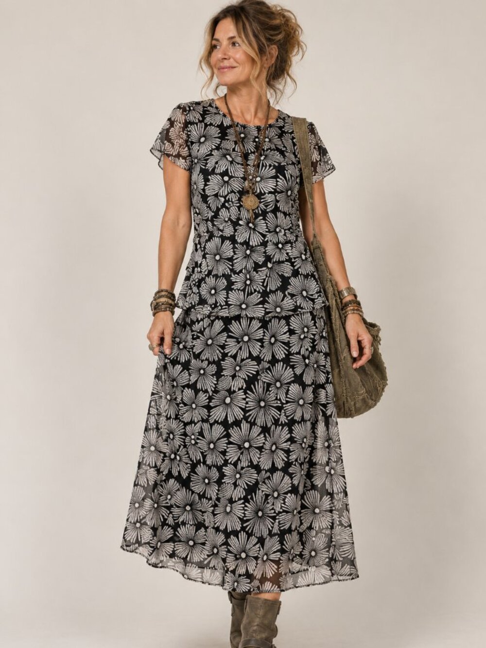 Mary McFadden VTG 90s Deadstock Chiffon Floral Midi Dress 20W Black White Artsy